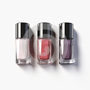Set of glass bottles of different colors, nail polish on a white background. Top view.