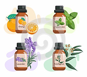 Set of glass bottles with essential oils