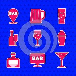Set Glass of champagne, Alcohol bar location, Martini glass, Cocktail shaker, Whiskey bottle, Wine with, beer and icon
