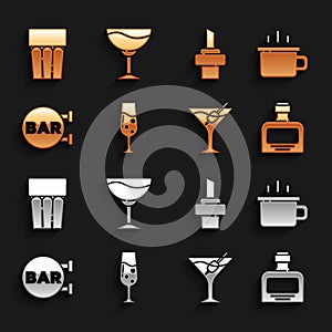 Set Glass of champagne, Coffee cup, Whiskey bottle, Martini glass, Street signboard with Bar, Wooden cork for wine