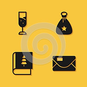 Set Glass of champagne, Envelope, Christmas book and Santa Claus bag gift icon with long shadow. Vector