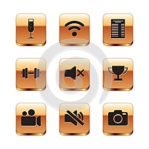 Set Glass of champagne, Movie or Video camera, Speaker mute, , Dumbbell and Paper financial check icon. Vector