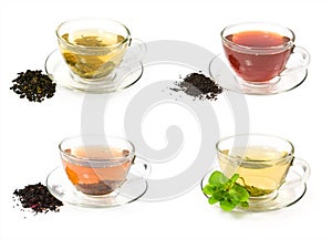 Set of glass cups with different teas