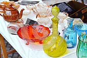 Set of glass decanter jug, vase, fruit stand old vintage glassware garage sale on flea market
