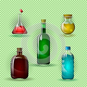 Set of glass flasks and bottles with a multi-colored liquid. On a transparent background.