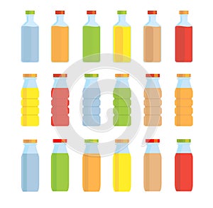 Set of glass flasks and bottles with a multi-colored liquid. On a white background. Isolate.