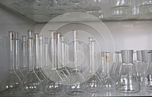 set of glass flasks in a chemical laboratory