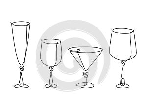 Set of glass goblets for wine and drinks. Isolated on white background. Continuous line drawing. Vector illustration