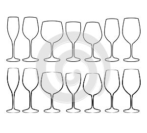 Set of glass goblets for wine and drinks. Isolated on white background. Vector illustration