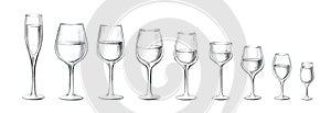 Set of glass goblets for wine and drinks. Lead pencil illustration isolated on white background