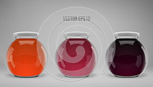 A set of glass jam jars with lids. Realistic 3D illustration. Vector