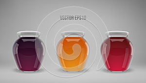 A set of glass jam jars with lids. Realistic 3D illustration. Vector