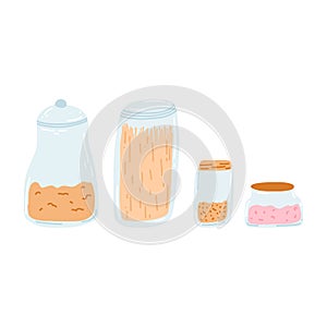 Set of glass jars with cereals in cartoon flat style. Reusable eco ware for storage of cereals, pasta, jams, legumes