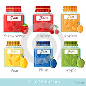 Set of glass jars with different fruit jam. Home preservation flat style icons