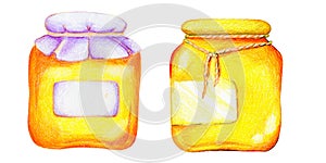 A set of glass jars with yellow honey, a jam jar, a cartoon-style hand-drawn illustration