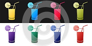 Set Glass of juice icon isolated on black and white background. Orange slice and tube for drinking. Healthy organic food