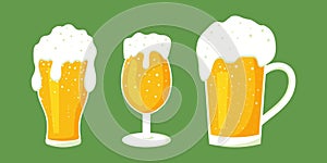 Set of Glass Lager beer icon. Vector beer. Glass of foaming beer isolated on background