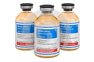 Set of glass medicament bottles with drug for injection. 3D rendering