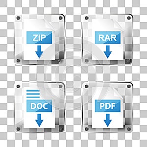 set of glass rar, zip, doc and pdf download icons