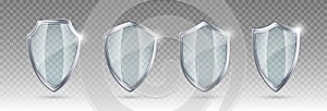 Set of glass shields. Protected guard shield concept. Safety badge icon. Privacy banner shield. Security safeguard label.