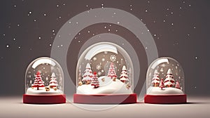 Set of glass snow globe Christmas decorative designs. Podium under a transparent glass dome with white snowdrift