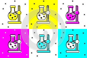 Set Glass test tube flask on stand icon isolated on color background. Laboratory equipment. Vector