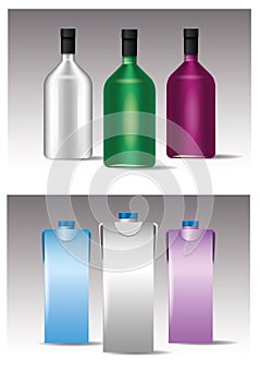 Set of glass and tetrapak colors bottles products