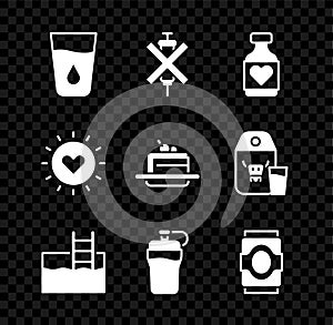 Set Glass with water, No doping syringe, Vitamin pill, Swimming pool ladder, Fitness shaker, Soda can, Sun and Cake icon