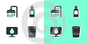 Set Glass with water, Shower head, Water drop location and Bottle of icon. Vector