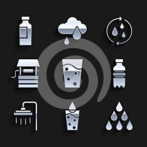 Set Glass with water, Water drop, Bottle of, Shower, Well bucket, Recycle clean aqua and icon. Vector