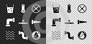 Set Glass with water, Water filter, Industry valve, Wave, metallic pipe, drop forbidden, and and manometer icon. Vector