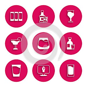 Set Glass of whiskey, Alcohol or beer bar location, Shot glass, Bottle vodka with, Cocktail, Wine and icon. Vector