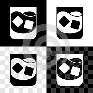 Set Glass of whiskey and ice cubes icon isolated on black and white, transparent background. Vector