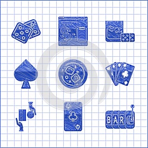 Set Glass of whiskey and ice cubes, Playing card with clubs symbol, Slot machine, cards, Casino chips exchange on stacks