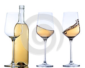 Set of glass with white wine on white background.