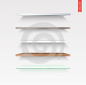 Set of Glass, Wood, Plastic, Metal Shelves in Vector Isolated on