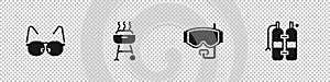 Set Glasses, Barbecue grill, Diving mask and Aqualung icon. Vector
