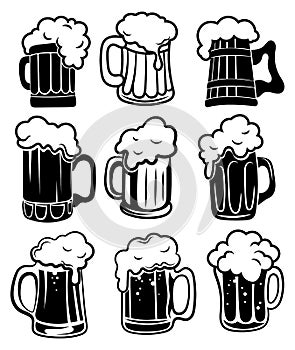 Set of glasses with beer. A collection of stylized beer mugs. Black and white vector illustration of alcoholic drinks