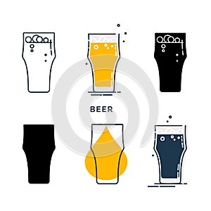 Set of glasses with beer in different styles. Wineglass drinks. Template alcohol beverage for restaurant, bar. Symbol party.