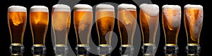 Set of Glasses of Beer Isolated on Black Background.