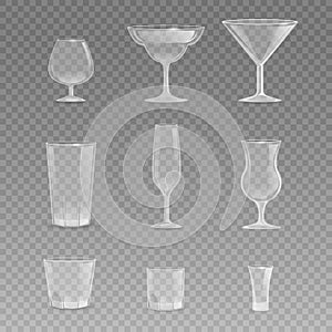 Set of glasses for different drinks vector realistic illustration. Cups, for beer, wine, cognac, and other alcoholic