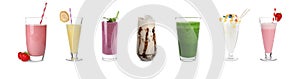 Set of glasses with different protein shakes on background. Banner design