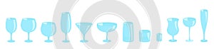 Set of glasses with drinks. Beverage glassware kit. Cocktail glasses. Horizontal banner. Flat vector blue color
