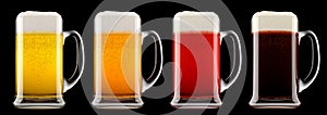 Set of glasses of fresh beer with bubble froth isolated on black background.