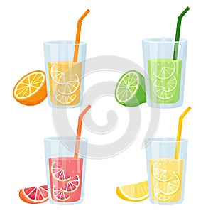 Set of glasses with Fresh citrus juice icons. Orange, lemon, lime and grapefruit juices or vitamin C smoothie.