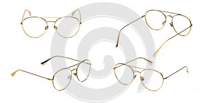 Set glasses gold metal material business style transparent isolated on white background. Collection fashion office eye glasses