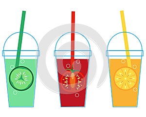 Set of glasses with juice and straw. Glass with lid with tomato, cucumber and orange juice. Vector image, for cafe, restaurant