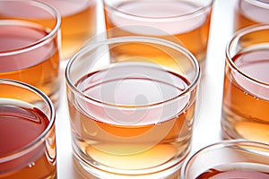 Set of glasses with kombucha tea or homemade lemonades on white background, close up. Organic kombucha drinks made of yeast, sugar
