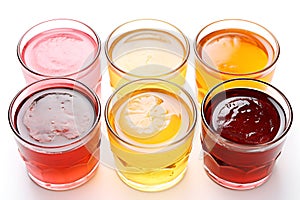 Set of glasses with kombucha tea or homemade lemonades on white background, close up. Unfiltered kombucha drinks made of yeast,