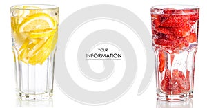 Set glasses with lemonade soft drinks lemon strawberry
